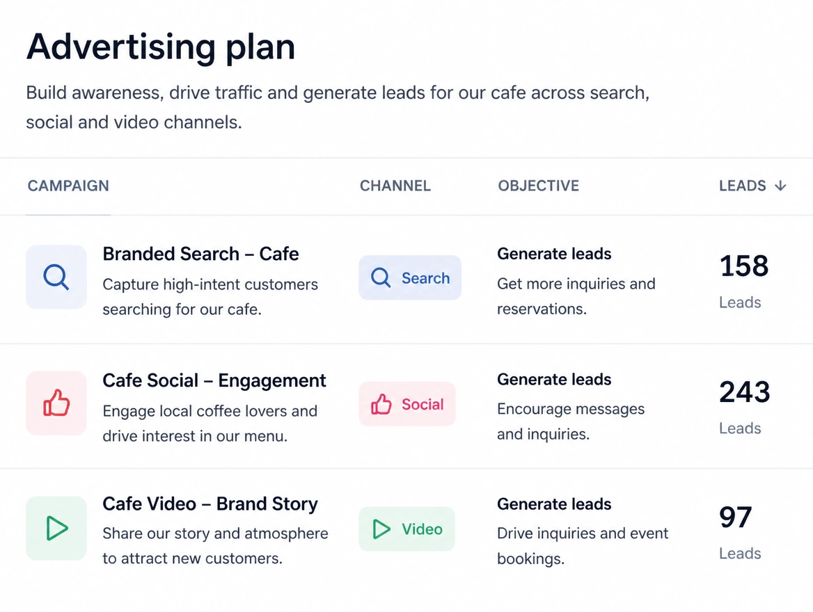 An advertising plan listing search, social and video campaigns with their lead counts