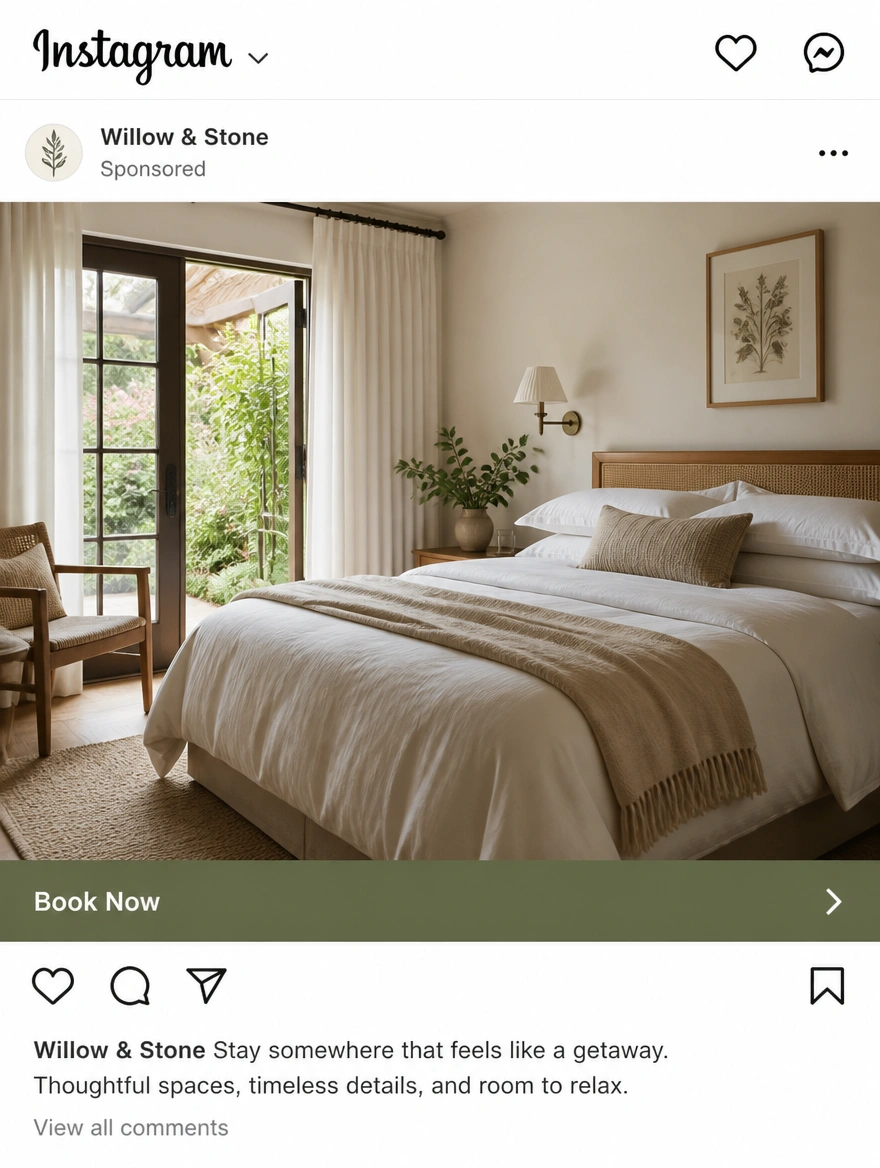 An Instagram feed advertisement for a boutique hotel with a book now button