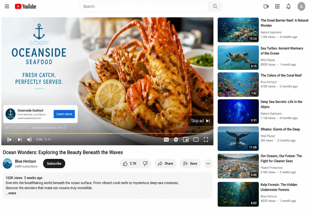 A restaurant video advertisement playing on YouTube before the main video