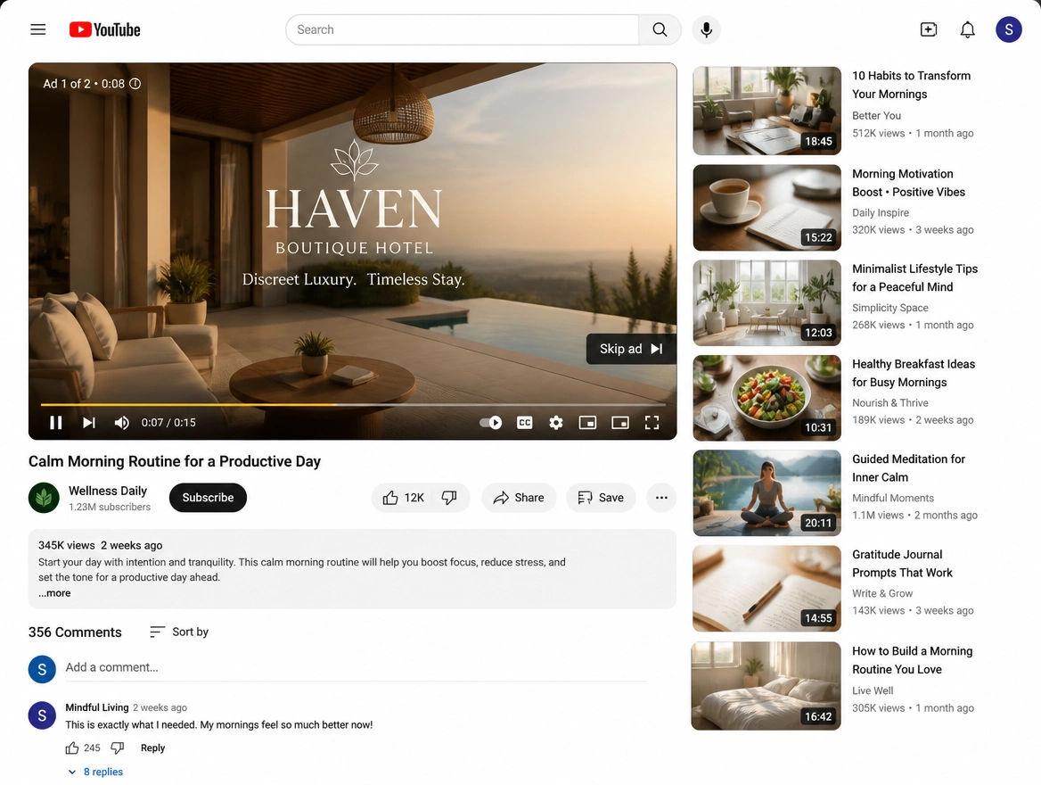 Website mockup showing video adverts