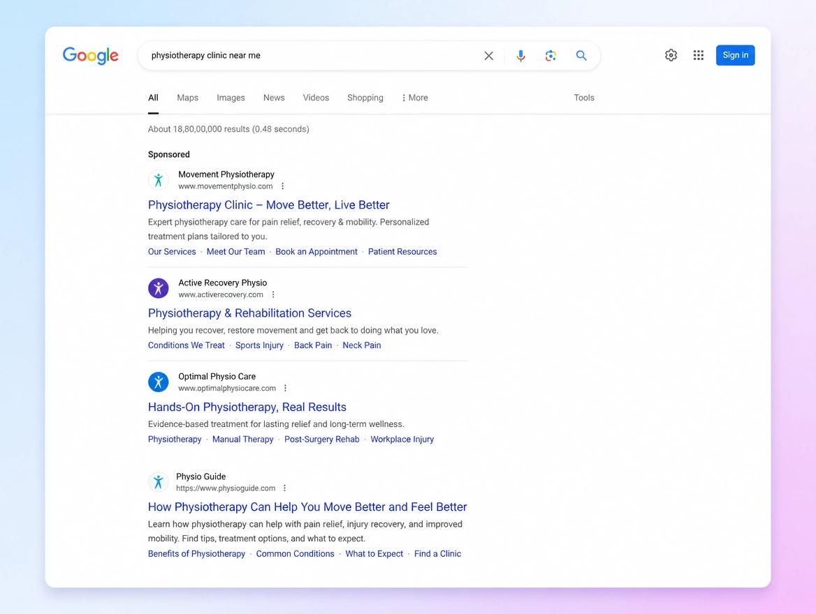 Website mockup showing search adverts