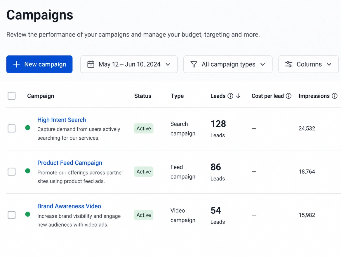 An advertising campaign list showing search, feed and video campaigns with lead counts