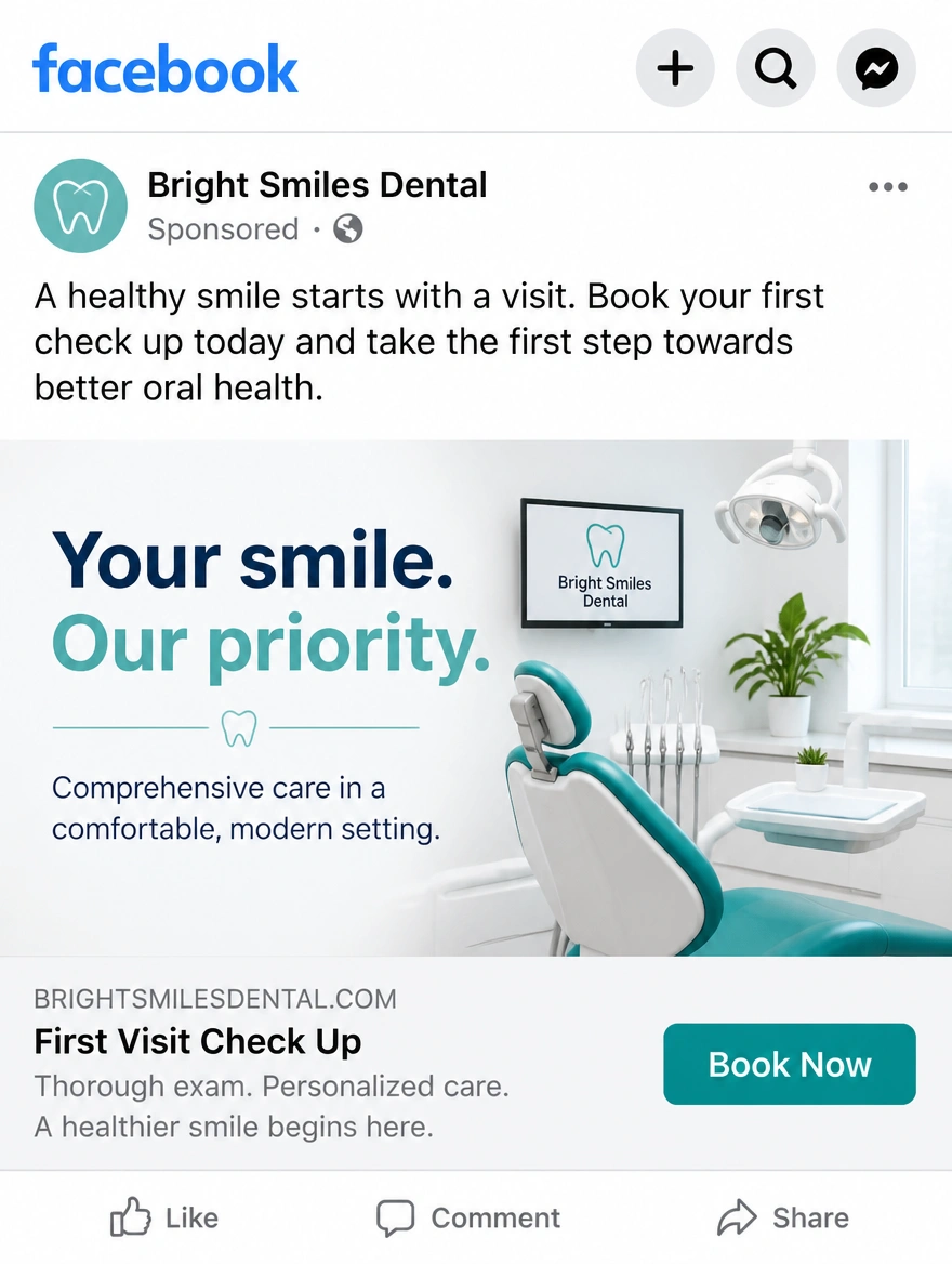 A mobile feed advertisement for a dental clinic with a booking button
