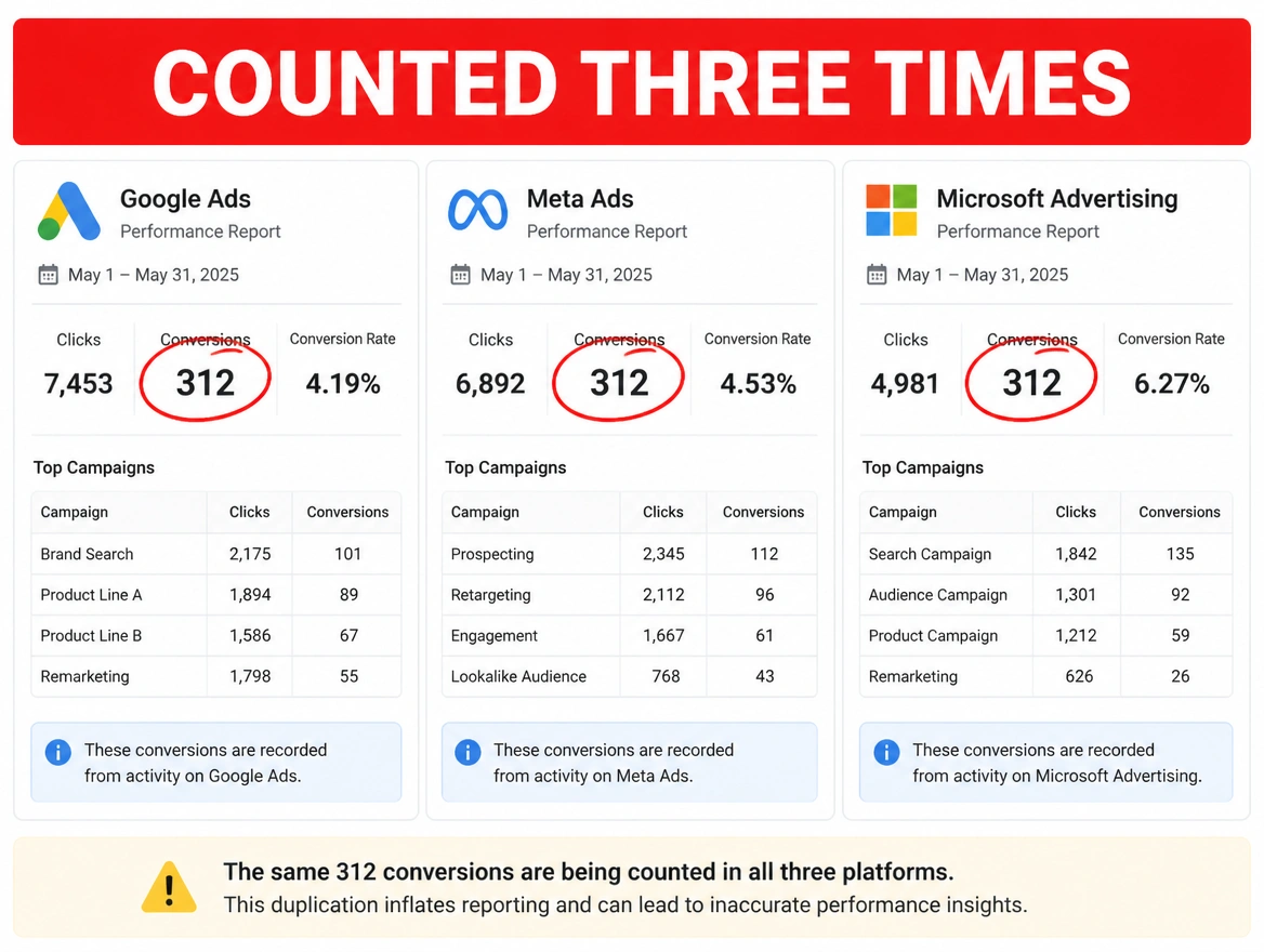 Three platform reports each claiming the same leads, the double counting marked in red