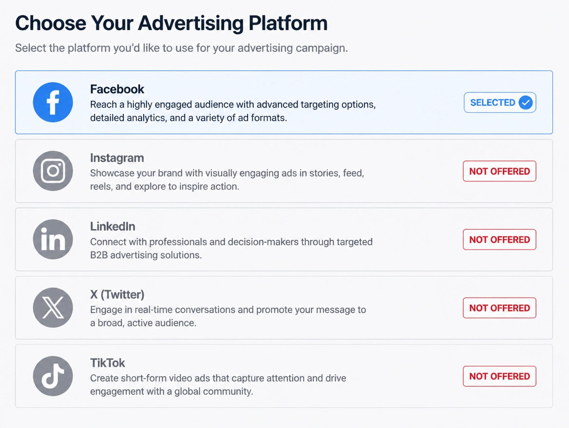 A single active advertising channel with the other options greyed out and flagged red