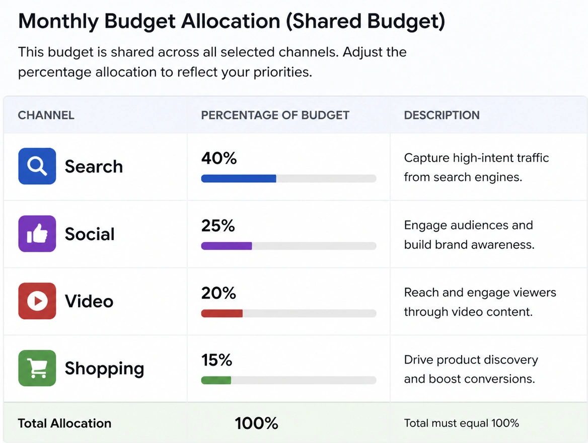 A channel table listing search, social, video and shopping under one budget