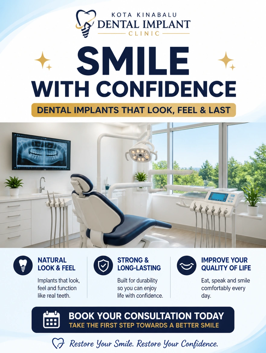 A vertical social advert for a dental implant clinic in Kota Kinabalu