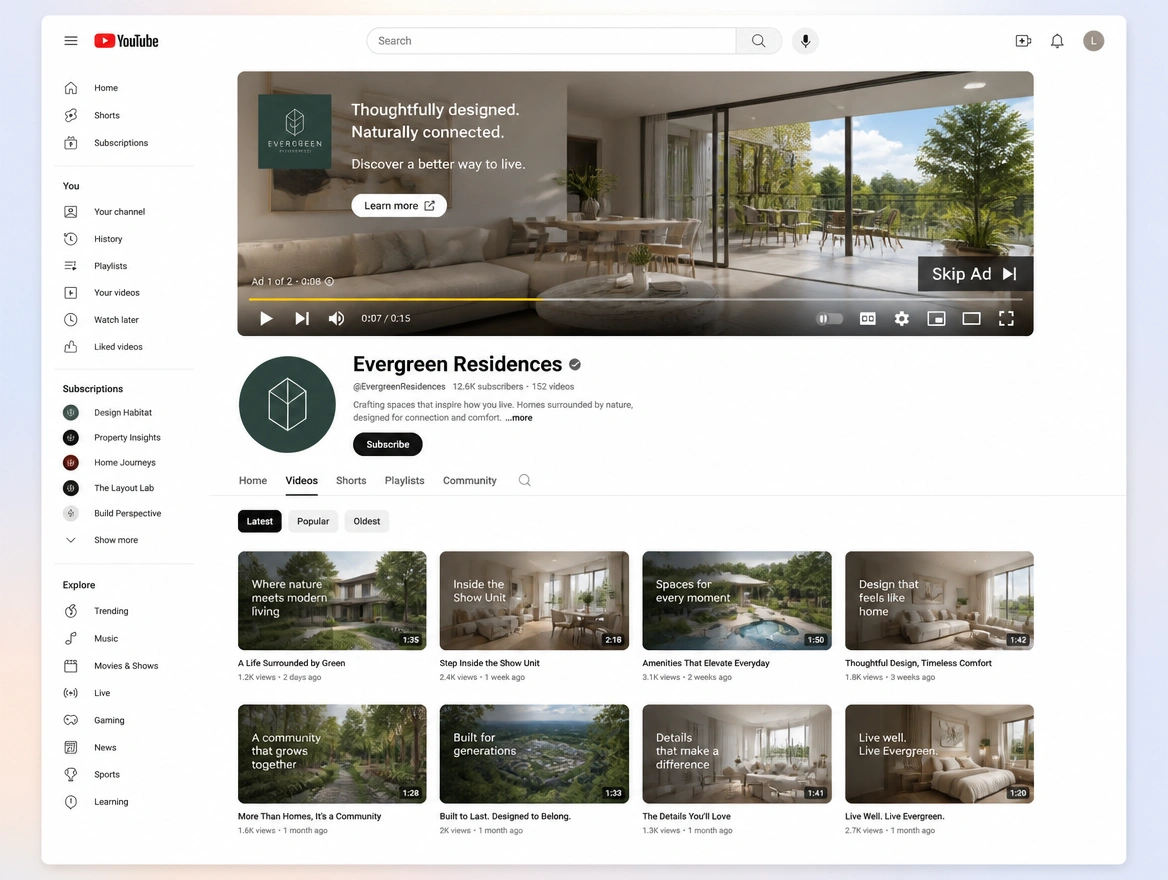 Website mockup showing video campaigns