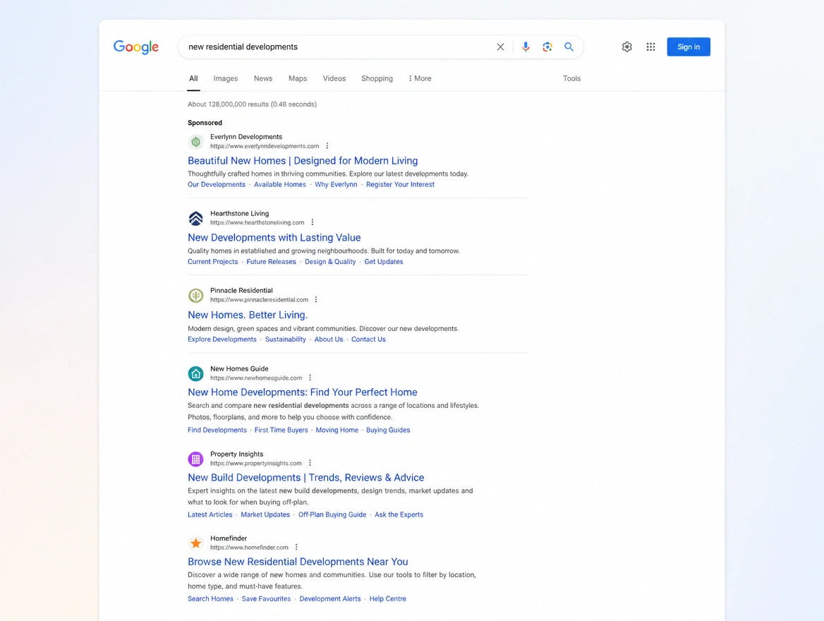 Website mockup showing paid search