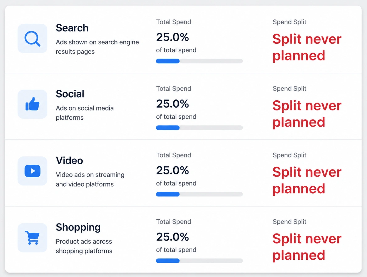 A campaign spend panel giving every channel an identical unplanned share