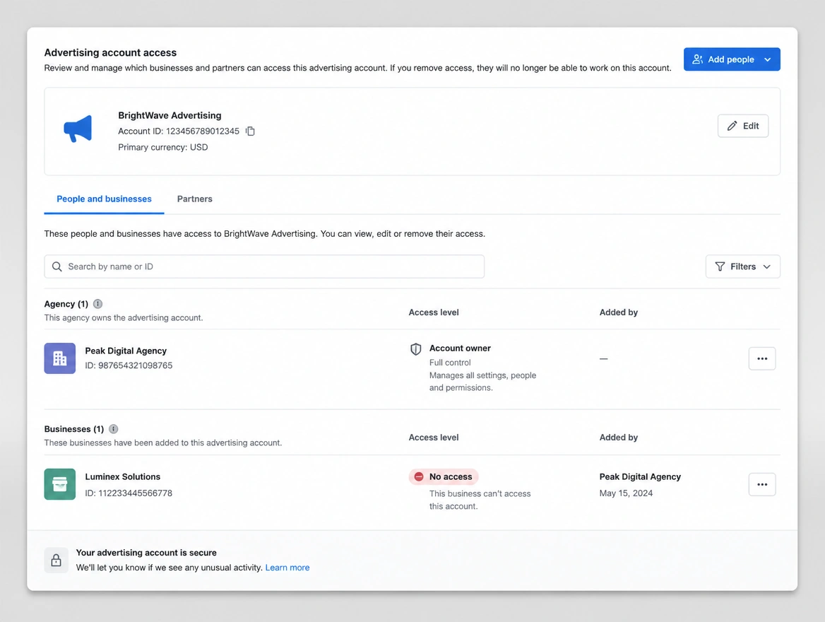 An advert account access screen with the agency as owner and the business locked out