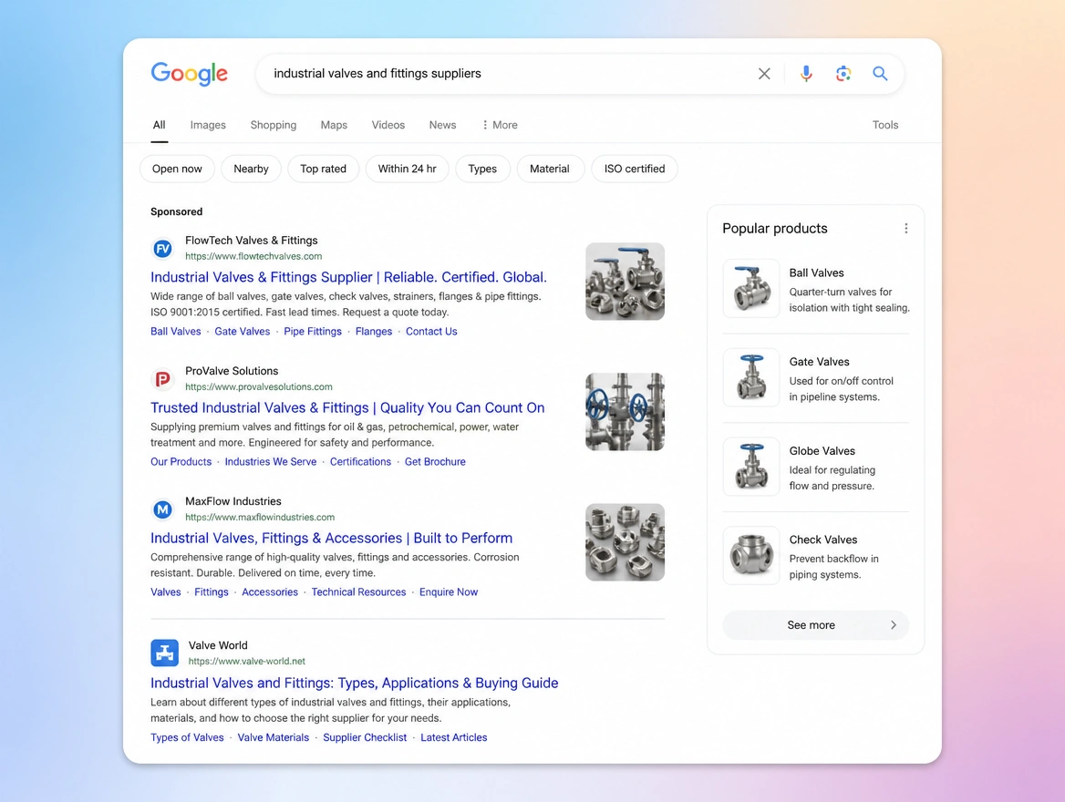 Website mockup showing search advertising