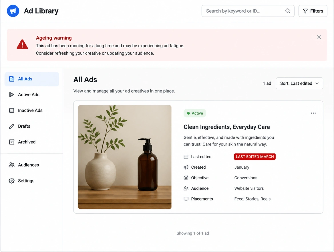An advertisement library showing one creative with a red badge saying it was last edited in March