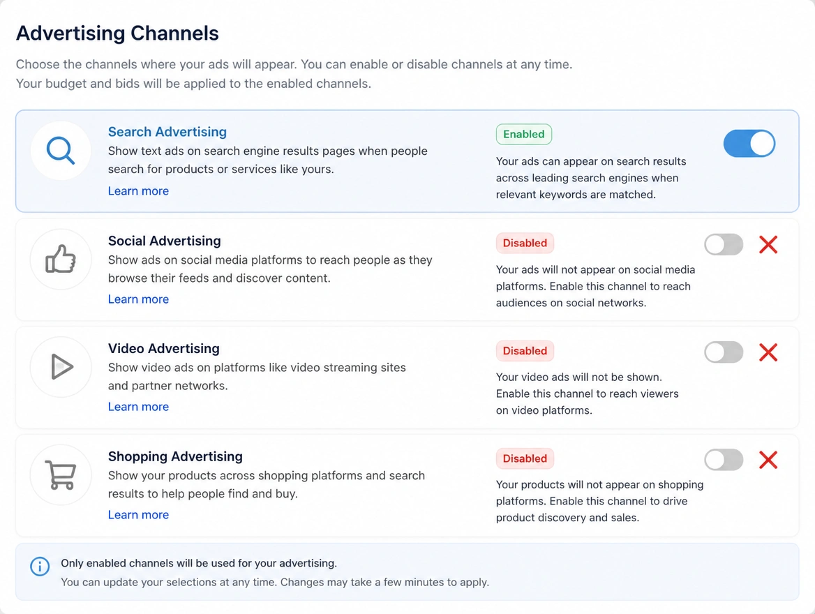 A channel list with one channel active and the others crossed out in red