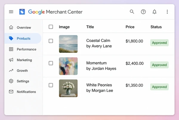 Three approved art gallery products with photograph and price in Merchant Center