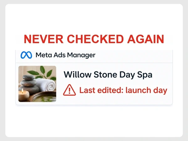 Willow Stone Day Spa Meta Ads Manager row says Last edited: launch day beneath Never Checked Again and a red warning triangle.