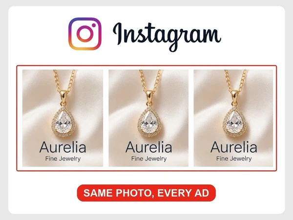 Aurelia Fine Jewelry Instagram ads repeat the same necklace photo three times, outlined in red above Same Photo, Every Ad.