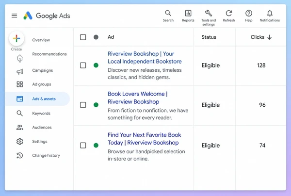 Three live search adverts for a bookshop listed in Google Ads