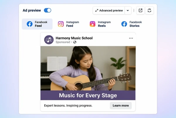 A music school advert previewed in the Meta Ads Manager feed placement