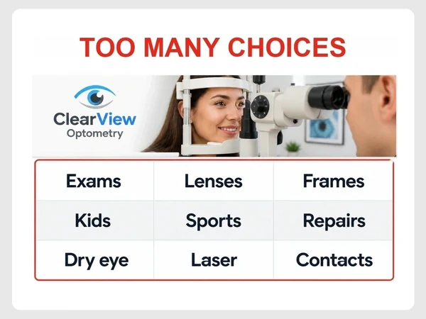 ClearView Optometry landing page shows nine service buttons inside a red outline beneath the warning Too Many Choices.