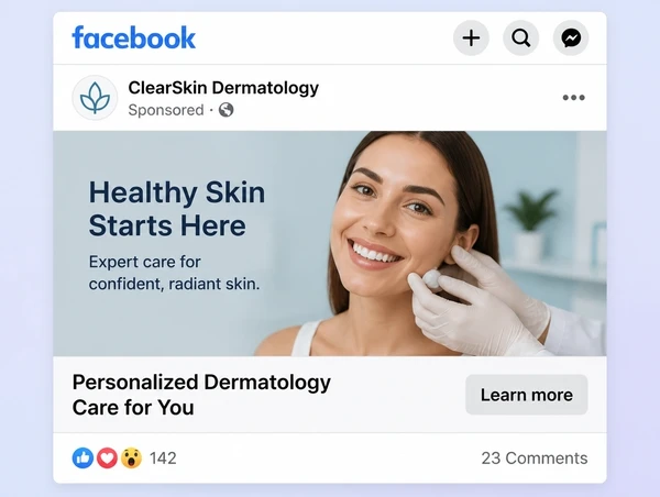 A sponsored dermatology clinic post in the Facebook feed with a learn more button