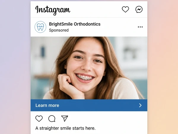 A sponsored orthodontic practice post in the Instagram feed with a learn more bar