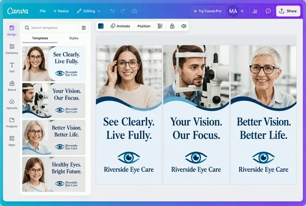 Three versions of one optometry practice advert laid out side by side in Canva