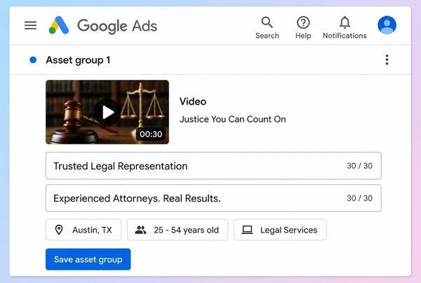 A video campaign in Google Ads holding one law practice YouTube advert