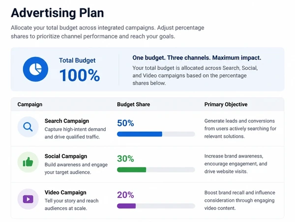 An advertising plan listing search, social and video sharing one budget