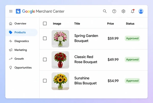 Three approved florist products with photograph and price in Merchant Center