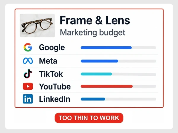 Frame & Lens budget is spread thinly across seven channels including Google, Meta, TikTok, YouTube, and LinkedIn, tagged too thin to work.