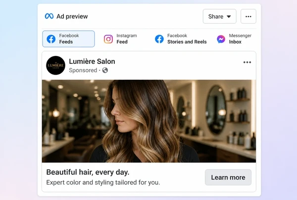 A hair salon advert previewed in the Meta Ads Manager feed placement
