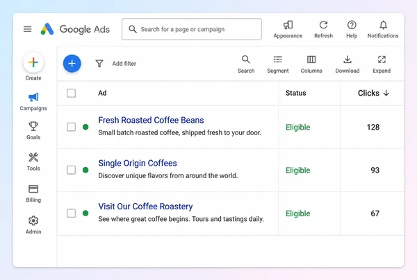 Three live search adverts for a coffee roastery listed in Google Ads