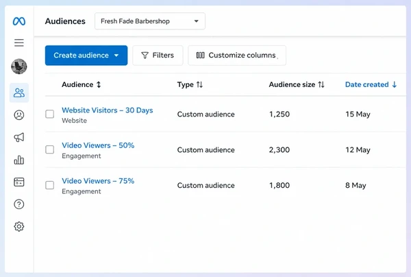 Three saved audiences of past barber shop visitors in Meta Ads Manager