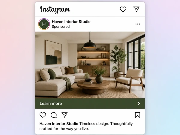 A sponsored interior design studio post in the Instagram feed with a learn more bar