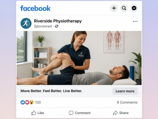 A sponsored physiotherapy practice post in the Facebook feed with a learn more button