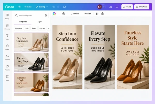 Three versions of one shoe boutique advert laid out side by side in Canva