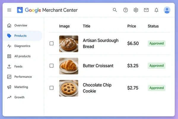 Three approved artisan bakery products with photograph and price in Merchant Center