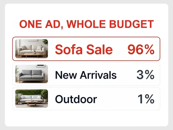 Oakline Furniture Meta ads show one ad, whole budget, with Sofa Sale at 96%, New Arrivals 3%, and Outdoor 1%.