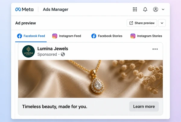A jewellery boutique advert previewed in the Meta Ads Manager feed placement