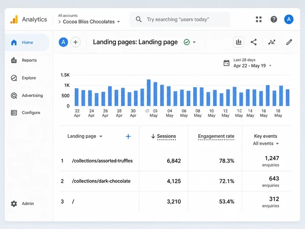 A landing pages report showing which chocolate maker page turns visits into enquiries