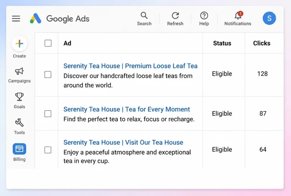 Three live search adverts for a tea house listed in Google Ads