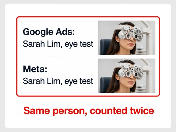 ClearView Optometry report shows an eye exam photo and Sarah Lim's eye test under Google Ads and Meta, outlined as Same person, counted twice.