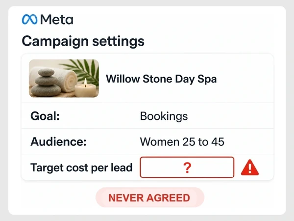 Willow Stone Day Spa campaign settings show goal and audience filled, while target cost per lead has a red question mark, never agreed.
