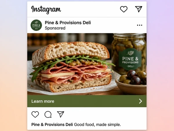 A sponsored delicatessen post in the Instagram feed with a learn more bar