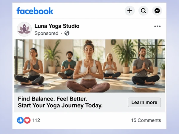 A sponsored yoga studio post in the Facebook feed with a learn more button