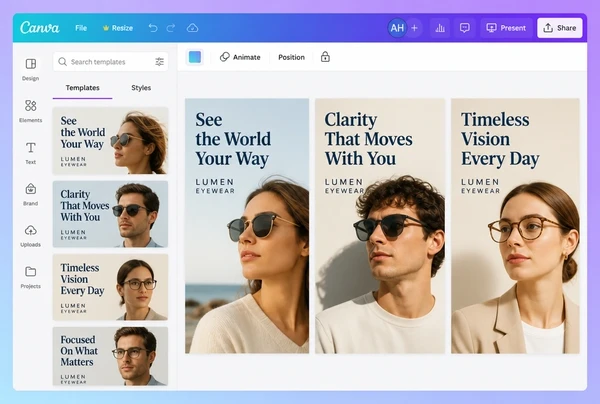 Three versions of one eyewear brand advert laid out side by side in Canva