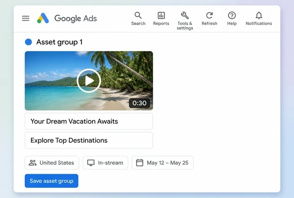A video campaign in Google Ads holding one travel YouTube advert