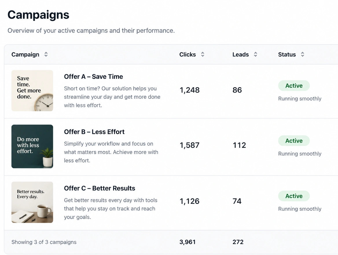 A campaign list showing three advert ideas running against each other