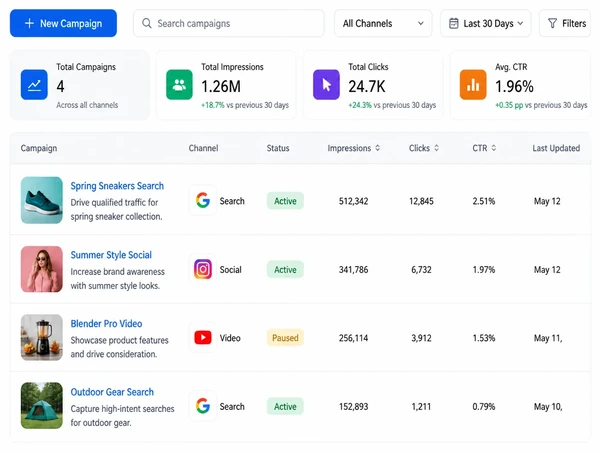 An advertising dashboard showing search, social and video campaigns in one table